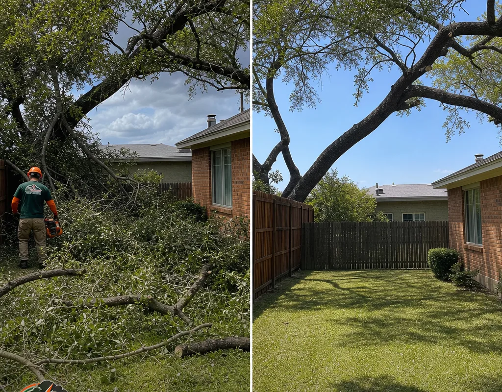 Before and after storm hazard pruning with hanging branches removed and yard cleaned