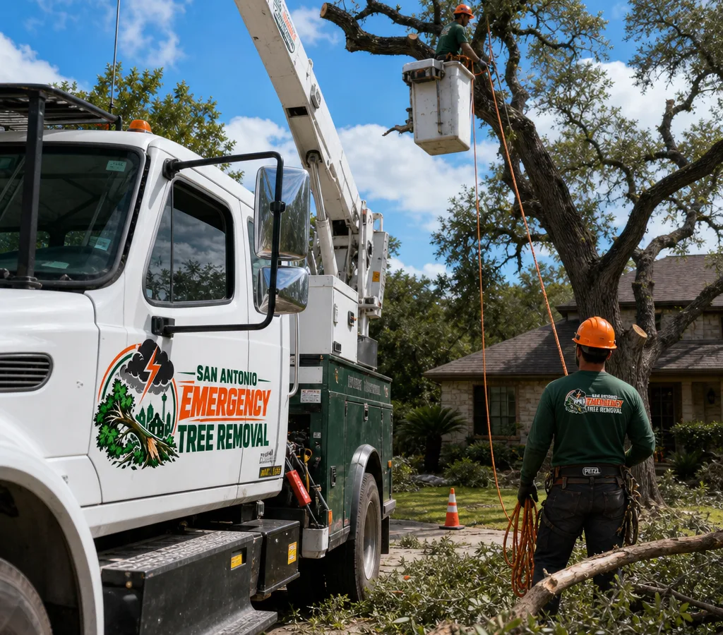 Crew performing professional tree trimming on a San Antonio residential property using ropes and a bucket truck with cut limbs safely staged