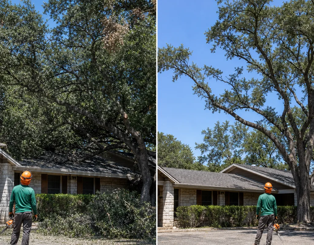 Before and after view of a large shade tree after professional crown cleaning and deadwood removal with improved roof and driveway clearance