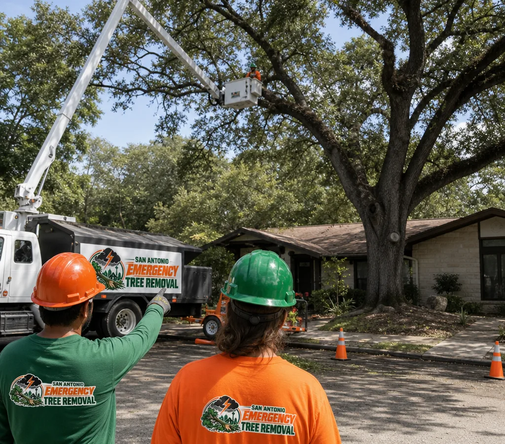 Certified arborist crew in PPE evaluating a large shade tree near a San Antonio home with trucks and cones set for a safe work zone
