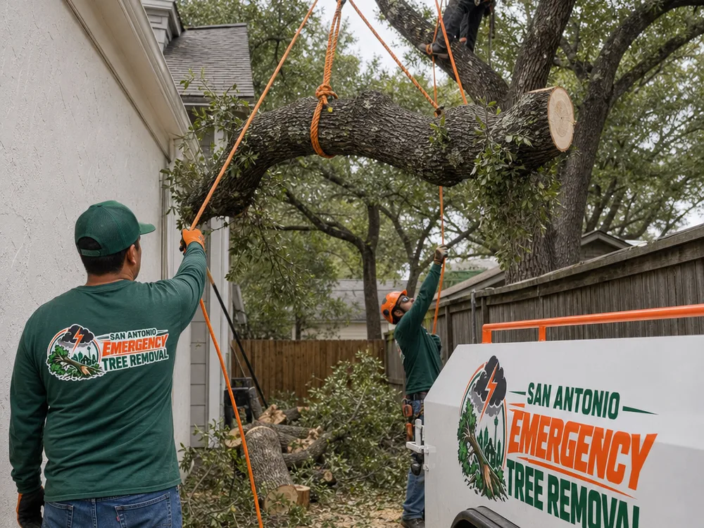 Controlled sectional tree removal in a confined backyard with ropes lowering heavy limbs away from a fence and roof