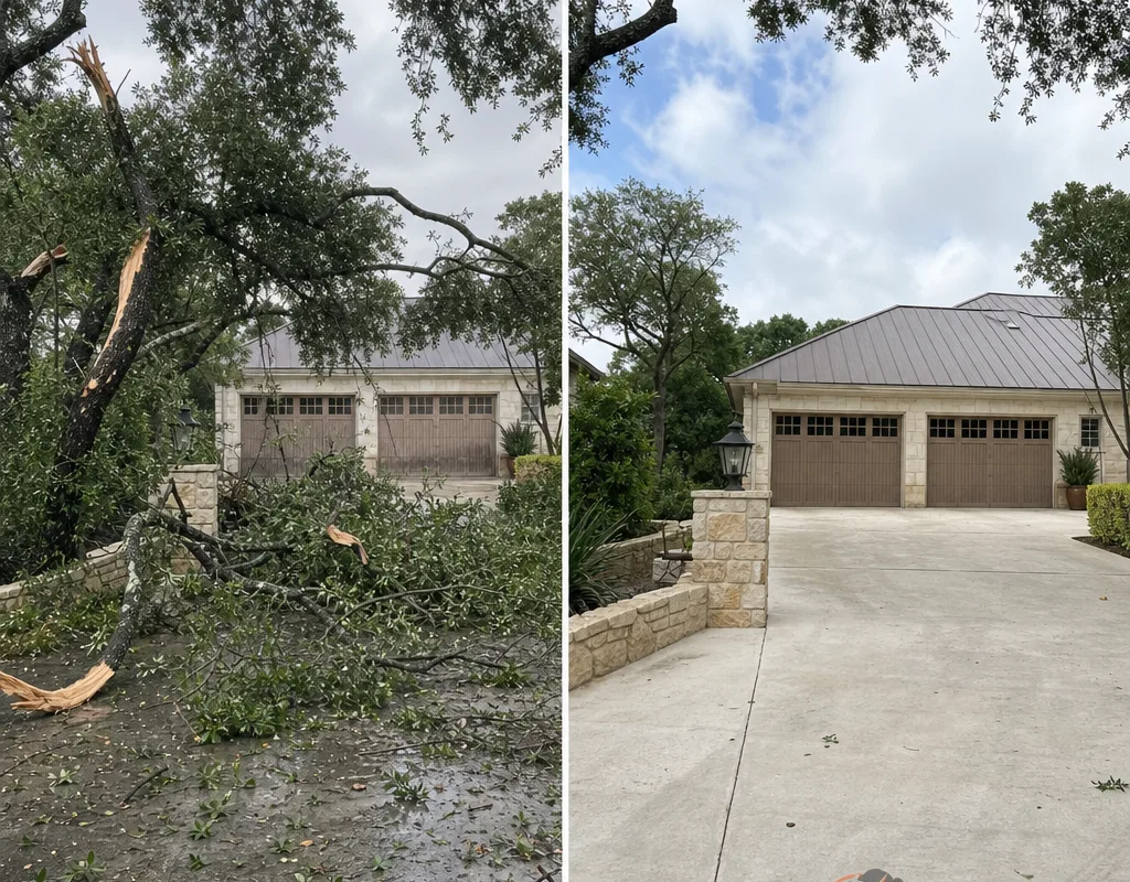 Before and after storm cleanup showing broken limbs over a driveway and the cleared, safe driveway afterward