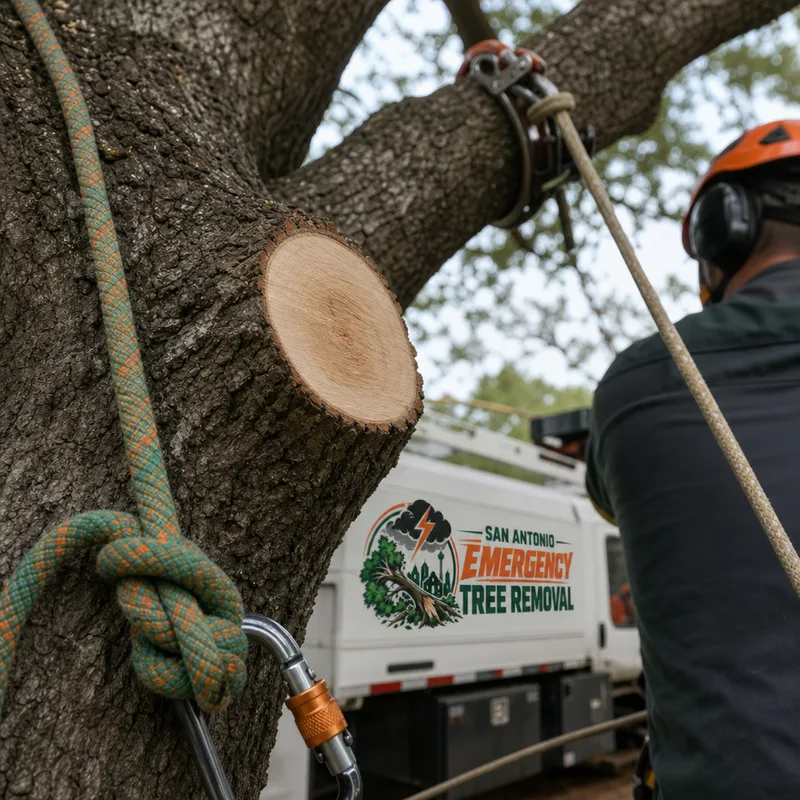 Close-up of a proper branch collar pruning cut and professional rigging rope setup