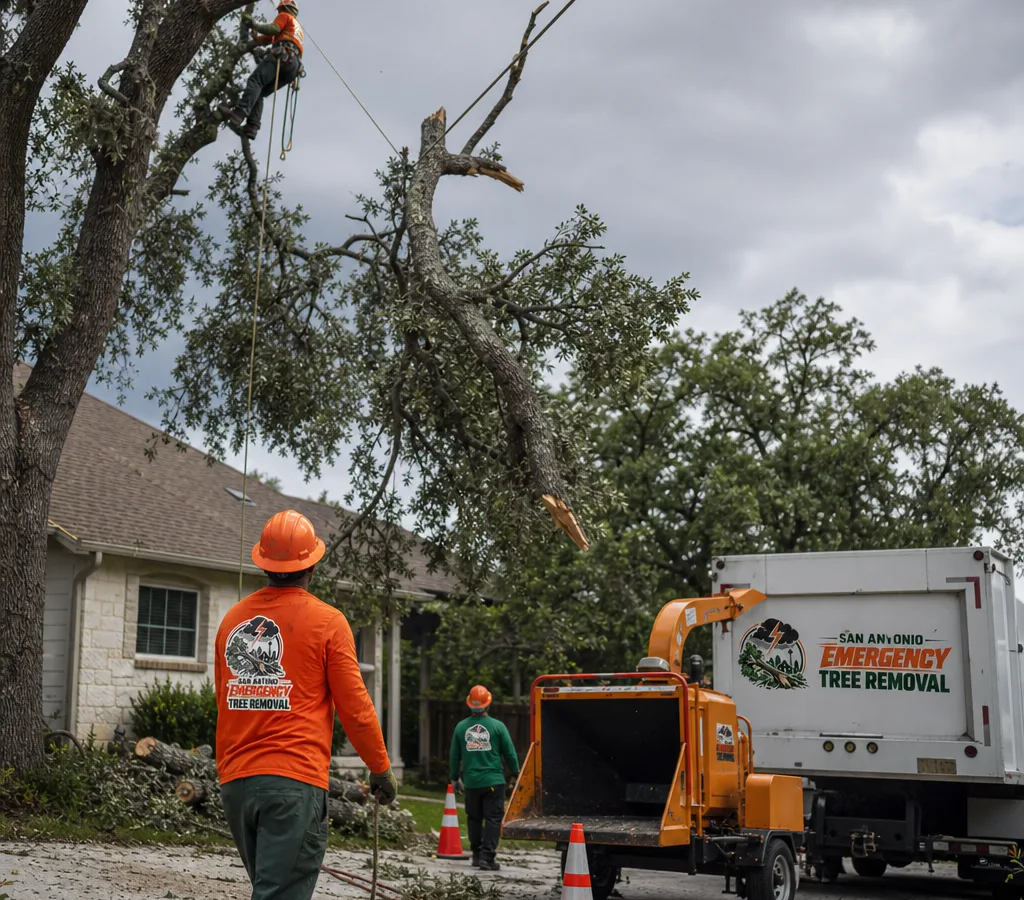 Crew in San Antonio lowering a large limb with ropes near a home after storm damage, with a chipper and safety cones visible