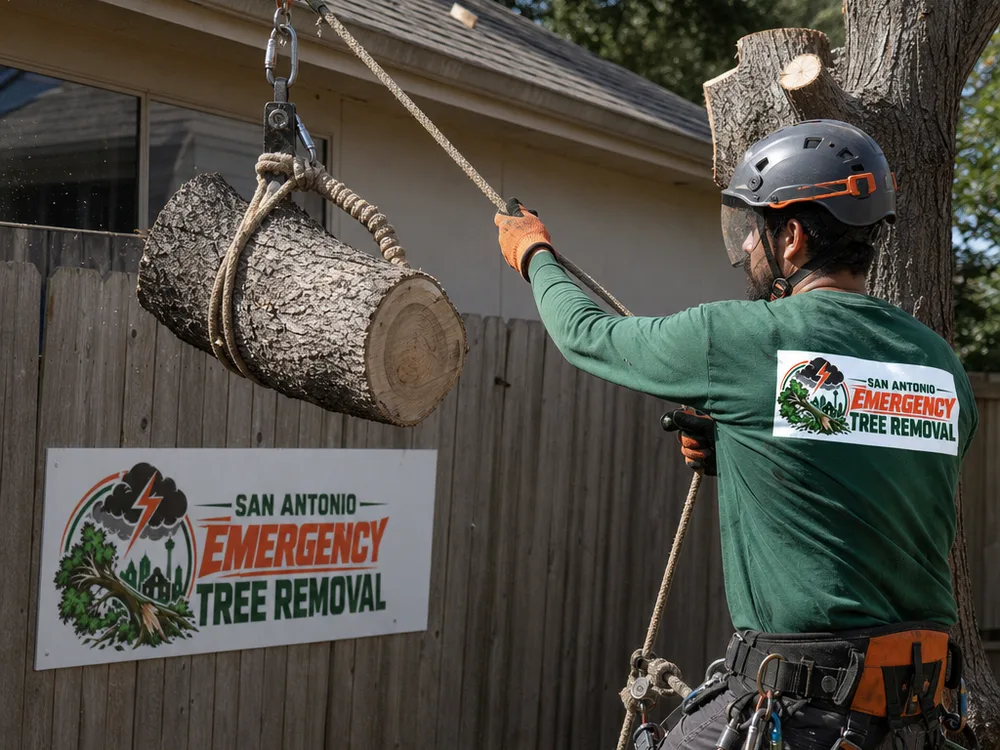 Arborist setting a rigging line and lowering a trunk section in a tight San Antonio side yard near a fence and roofline
