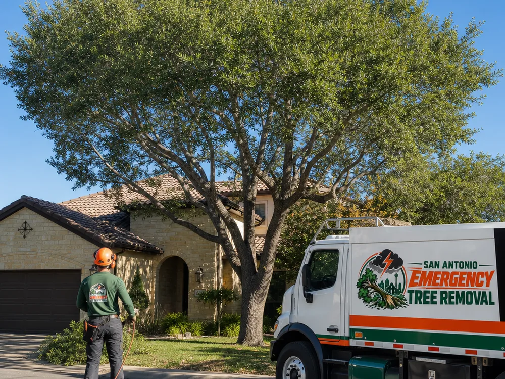 Neatly pruned residential shade tree with a balanced canopy and proper branch collar cuts