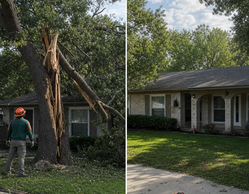 Before-and-after view of a storm-split tree in a front yard, first showing a cracked trunk and hanging limbs and then the tree safely removed with the area raked clean