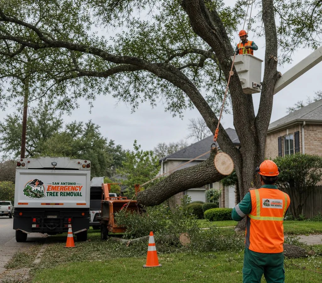 Crew in helmets and high-visibility gear performing a controlled tree cut in a San Antonio residential yard, with cones set and a chipper staged safely away from the drop zone