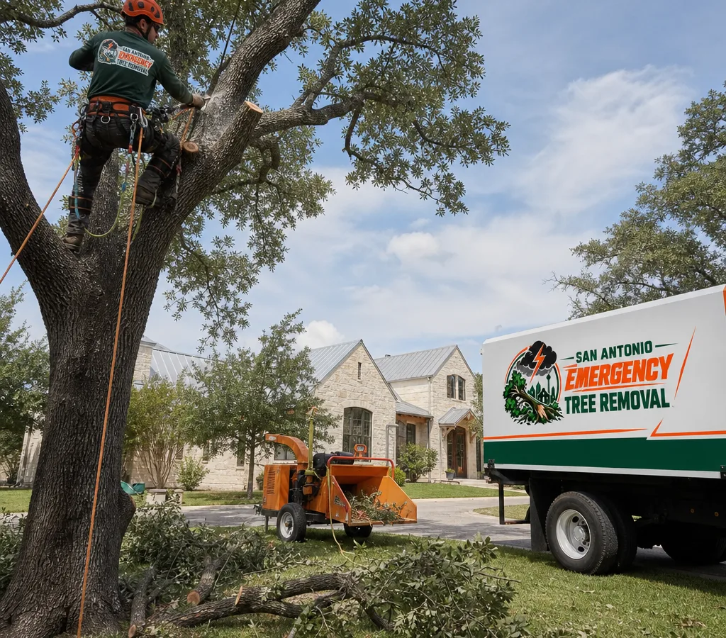 Climber in helmet and harness performing controlled pruning on a mature oak in a San Antonio residential yard with ropes set and a chipper staged for cleanup