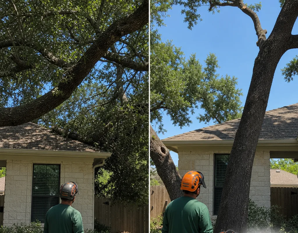 Before-and-after pair showing a large shade tree with long limbs overhanging a roof, then after pruning with reduced end-weight and restored roof clearance.