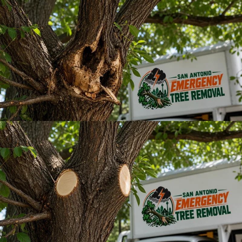 Close-up of clean pruning cuts and removed deadwood from a branch union, with the canopy still full and balanced.