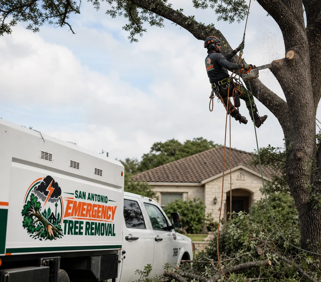 Arborist on a rope-and-harness system making a controlled pruning cut in a mature shade tree in a San Antonio residential yard, with brush neatly staged for haul-off.