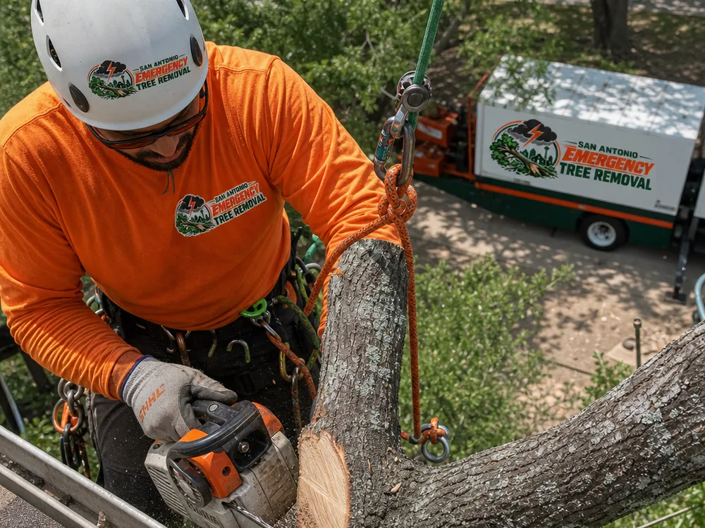 Close view of a proper pruning cut at the branch collar with a rope rigging line attached to the limb, showing controlled lowering over a roof edge.