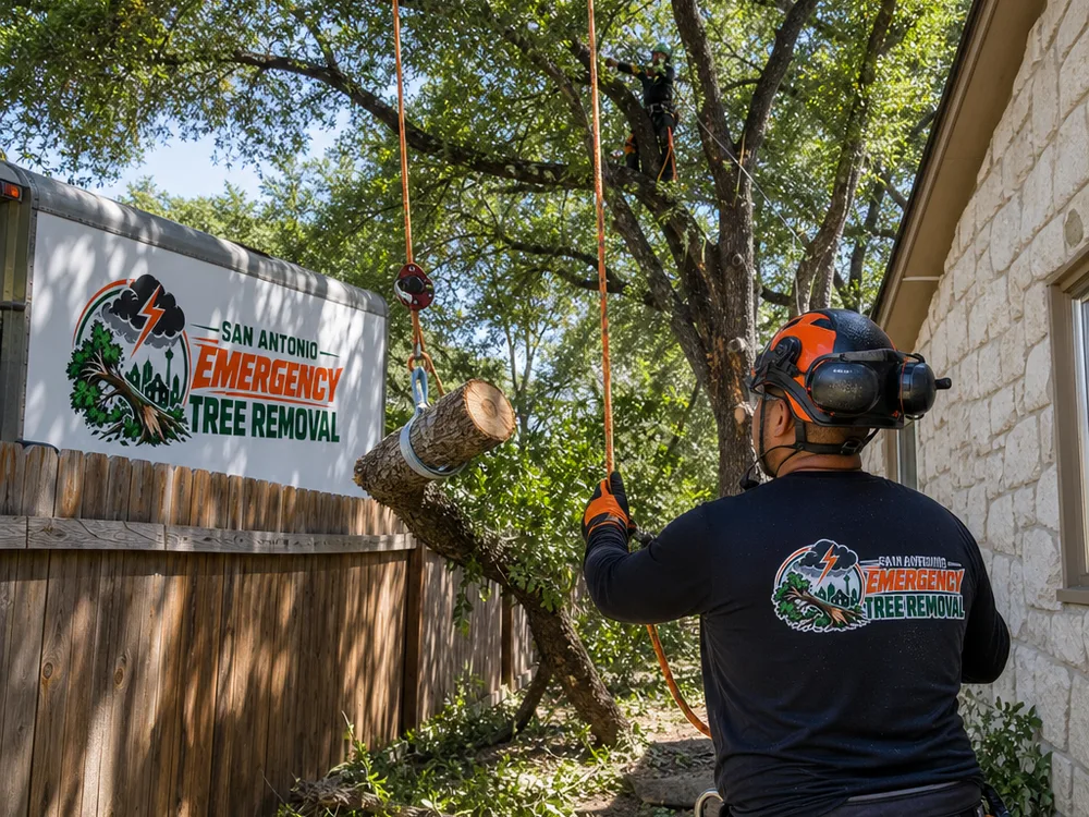 Crew member lowering a limb with rigging into a clear drop zone in a tight residential yard with a fence line nearby.