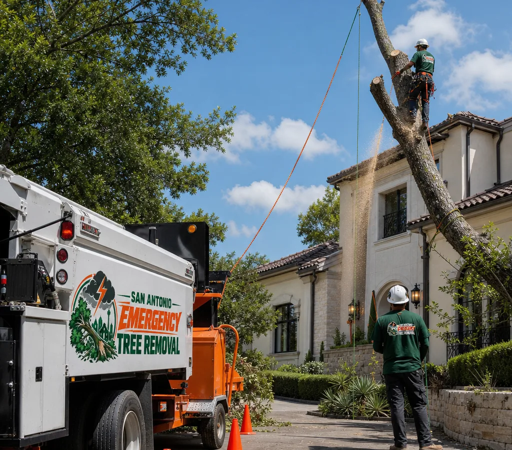 Crew in PPE performing a controlled sectional tree removal next to a San Antonio home with rigging lines and a chipper staged safely in the driveway