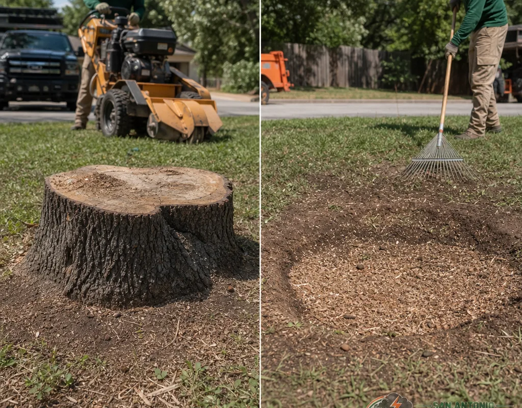 Before and after view of a large lawn stump and the same area after grinding below grade with chips neatly raked