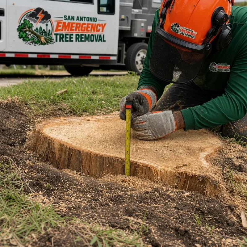 Ground stump area showing usable grind depth, clean edges, and turf protected from rutting
