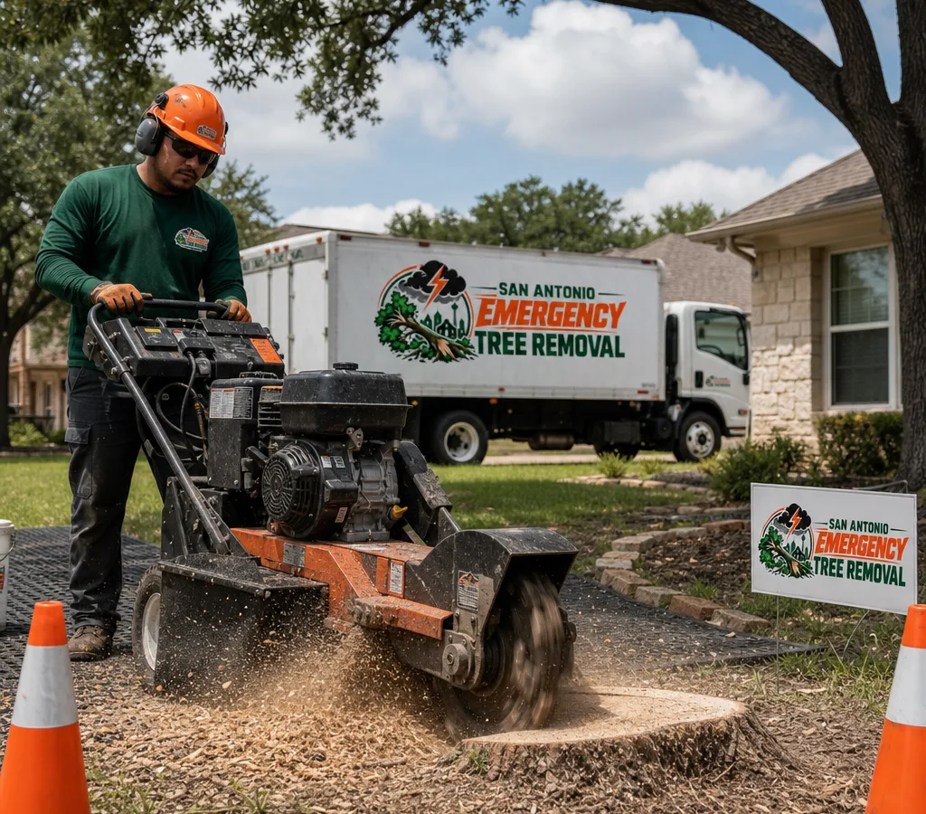 Technician operating a stump grinder in a residential San Antonio yard with controlled debris, turf protection mats, and a clearly defined work zone