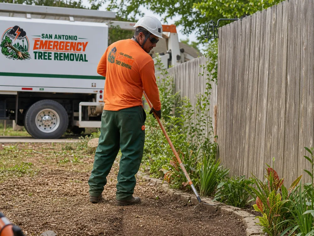Completed backyard stump grinding near a fence line with minimal disturbance to the fence and adjacent planting bed