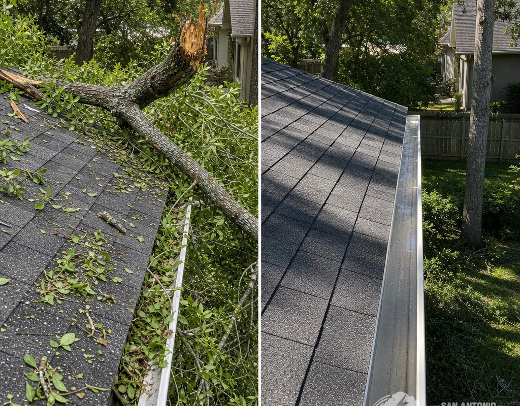 Before and after a storm-damaged tree limb was removed from over a roof, leaving safe clearance and a clean roofline