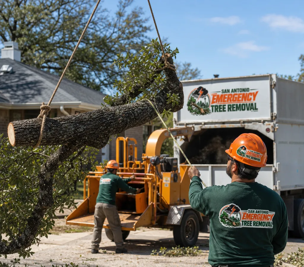 Local San Antonio tree crew safely rigging and lowering a downed limb near a residential driveway with a chipper and haul-off truck visible