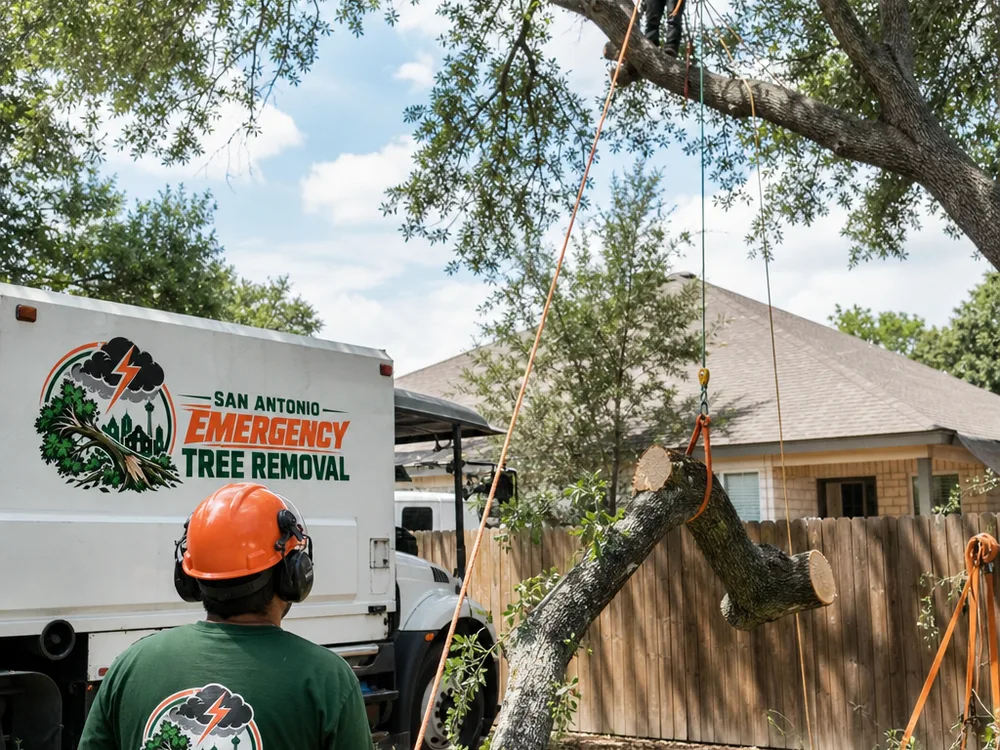Tree crew using ropes to lower a limb beside a home and fence with visible rigging points, a clear drop zone, and a spotter