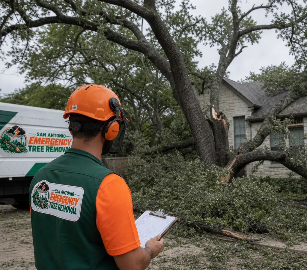 Certified arborist in protective equipment assessing a storm-damaged oak near a San Antonio home