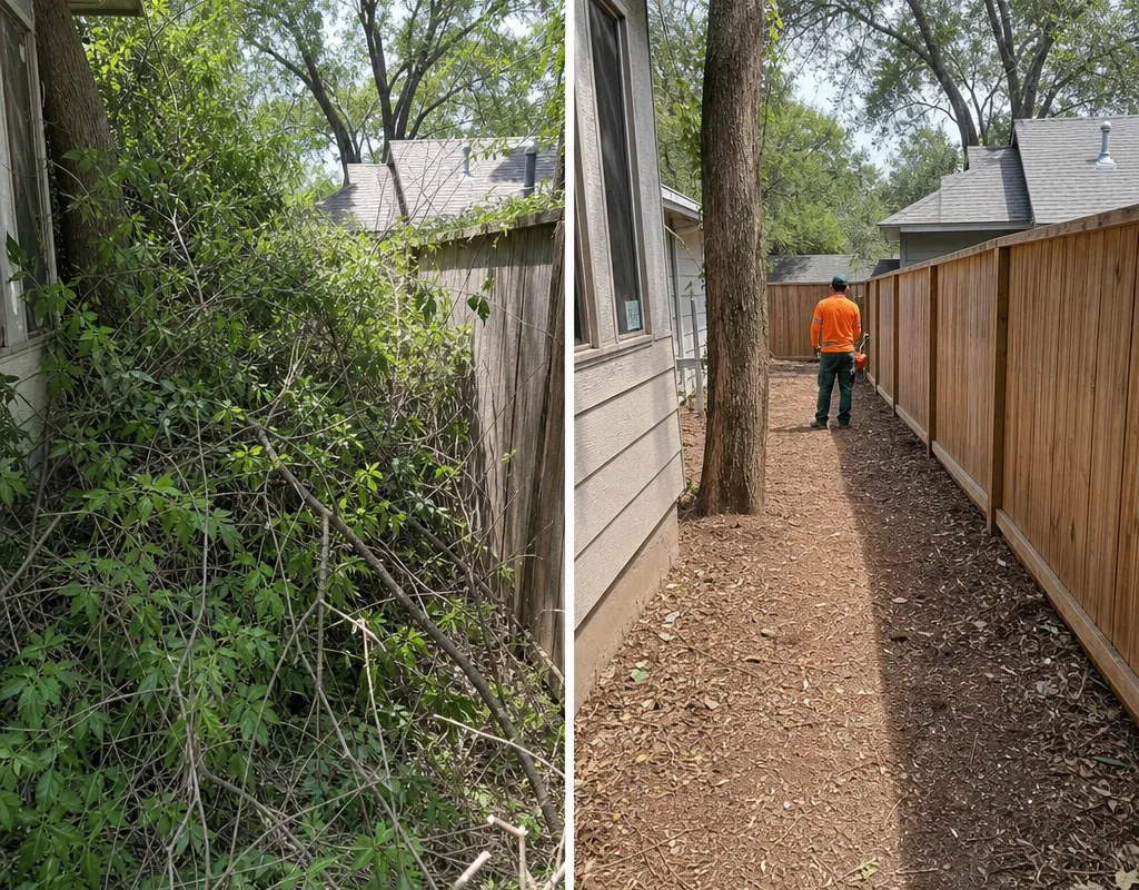 Before-and-after view of a brush-choked side yard cleared to a walkable surface with the fence line visible and debris removed