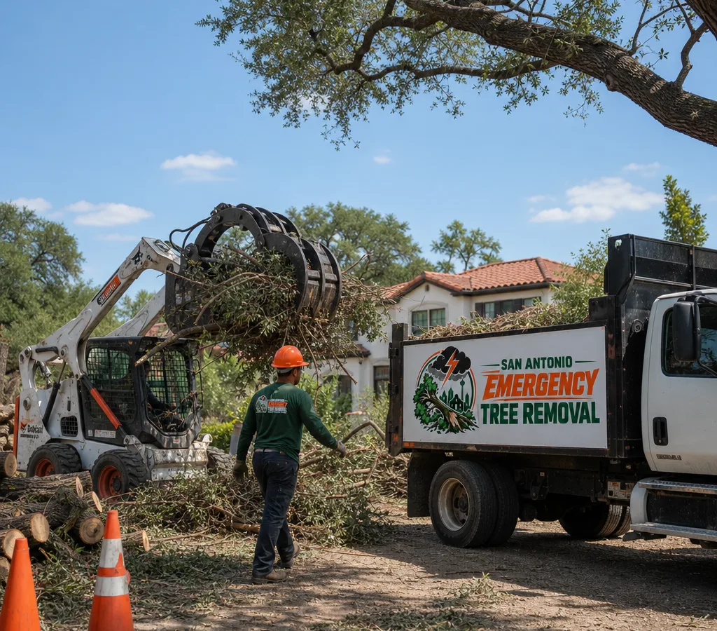 Crew performing land clearing on a residential San Antonio lot with a skid steer, grapple, stacked brush, safety cones, and a clear work zone