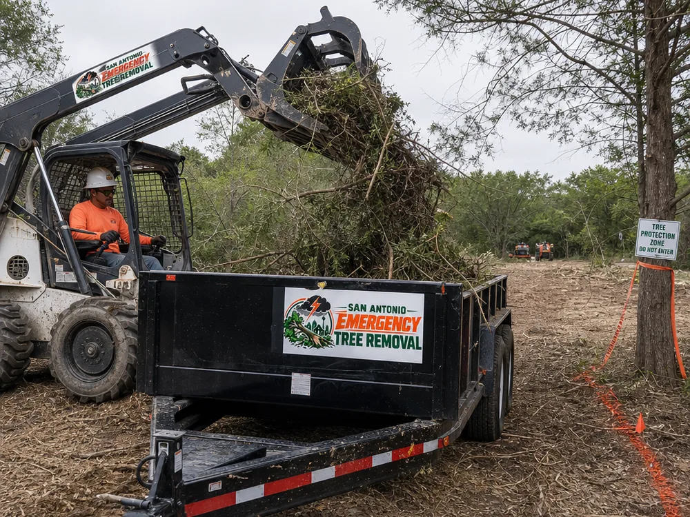 Skid steer with a grapple loading brush into a trailer beside a cleared access lane with protected remaining trees and marked boundaries