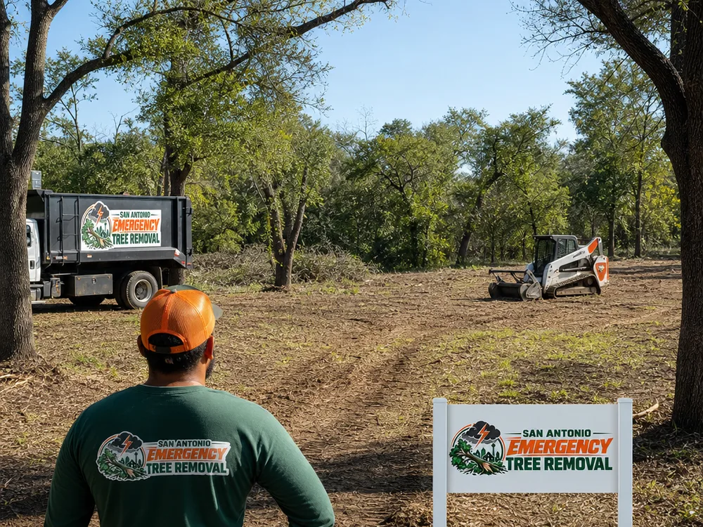 Cleared residential lot with remaining trees preserved, brush removed, and a defined equipment access lane with minimal disturbance