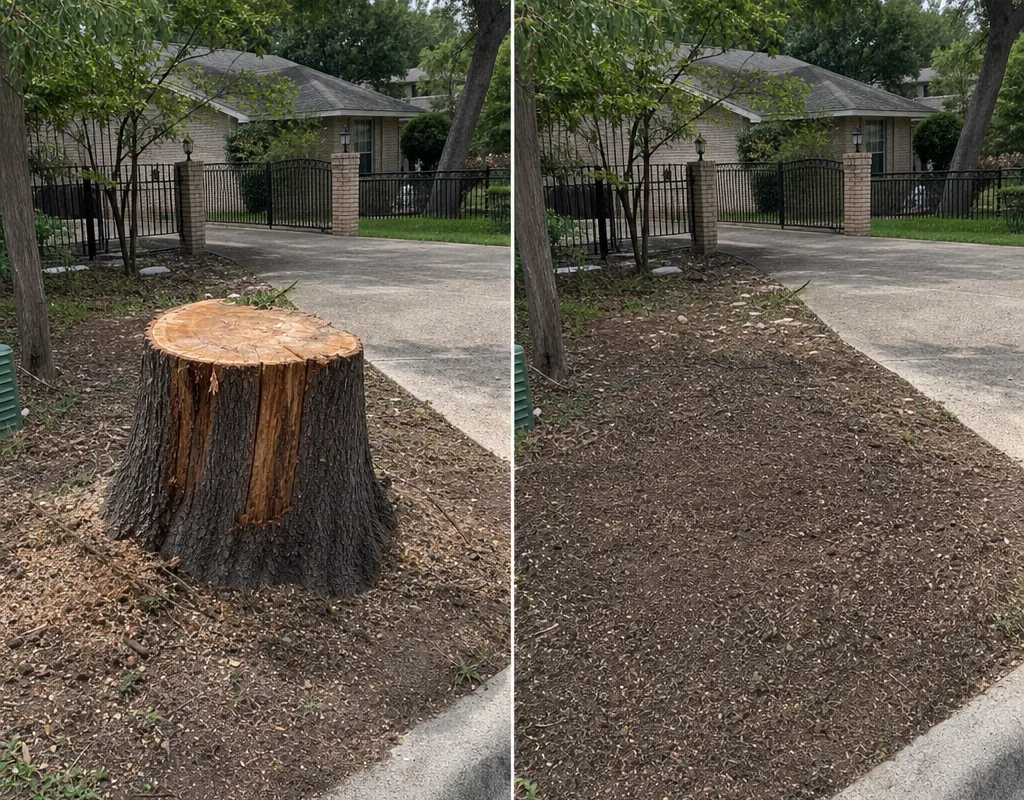 Before and after view of a tall stump near a driveway and the leveled area after stump grinding