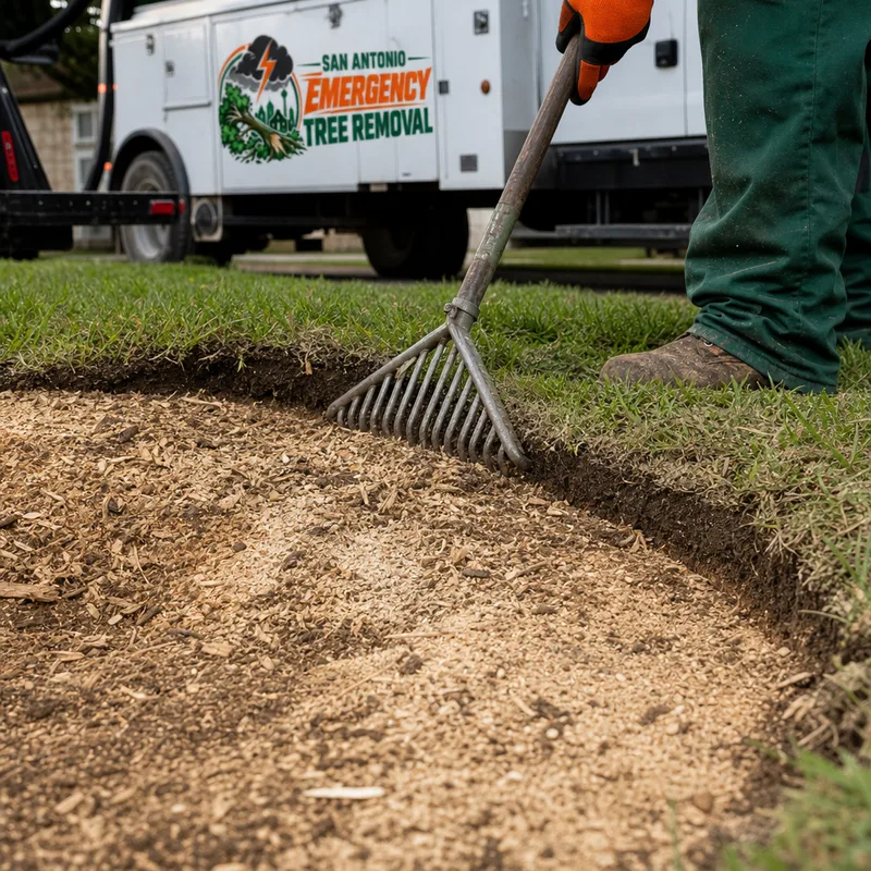 Ground stump area with wood chips mixed with soil and the surrounding turf edge cleanly raked