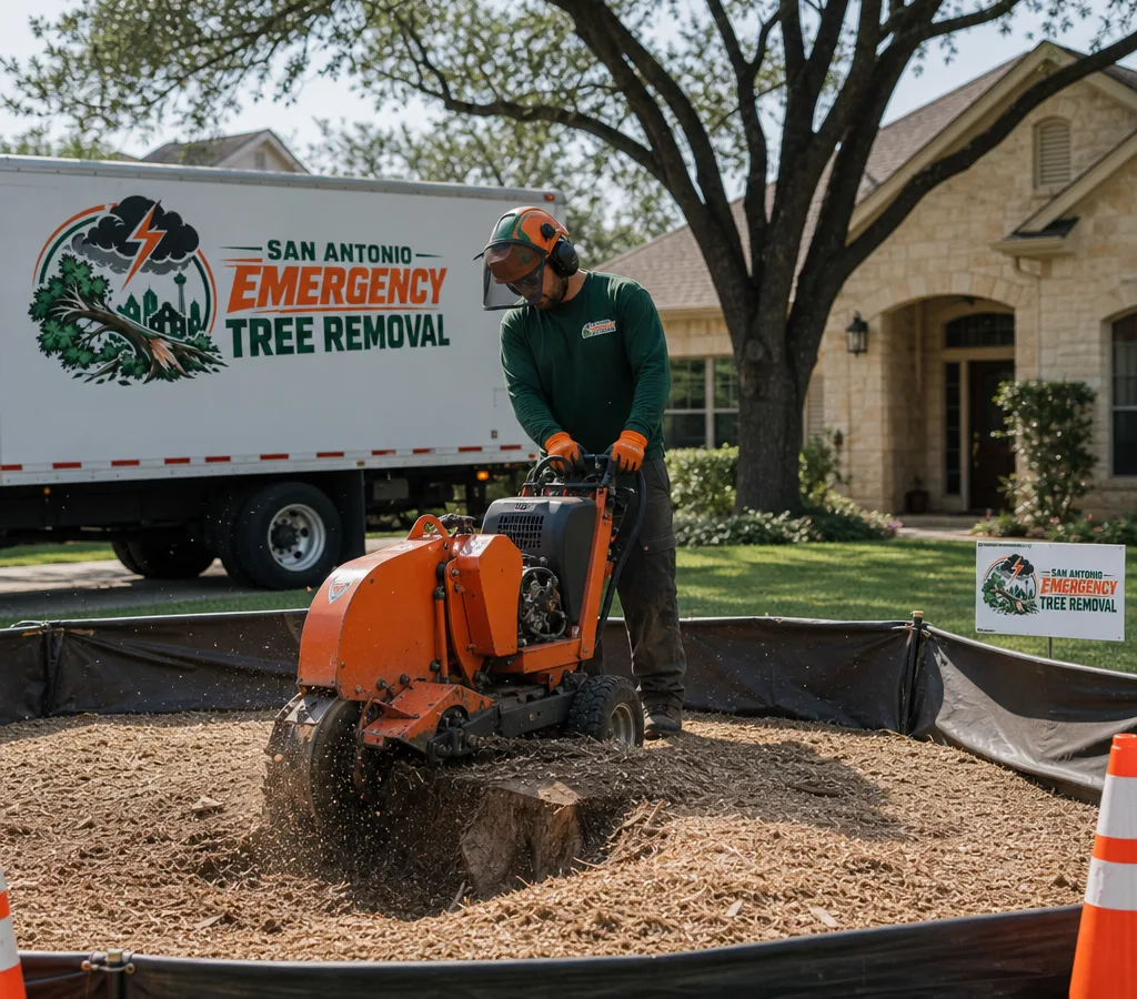 Technician operating a stump grinder in a San Antonio front yard with the stump ground below soil level and wood chips contained in the work zone