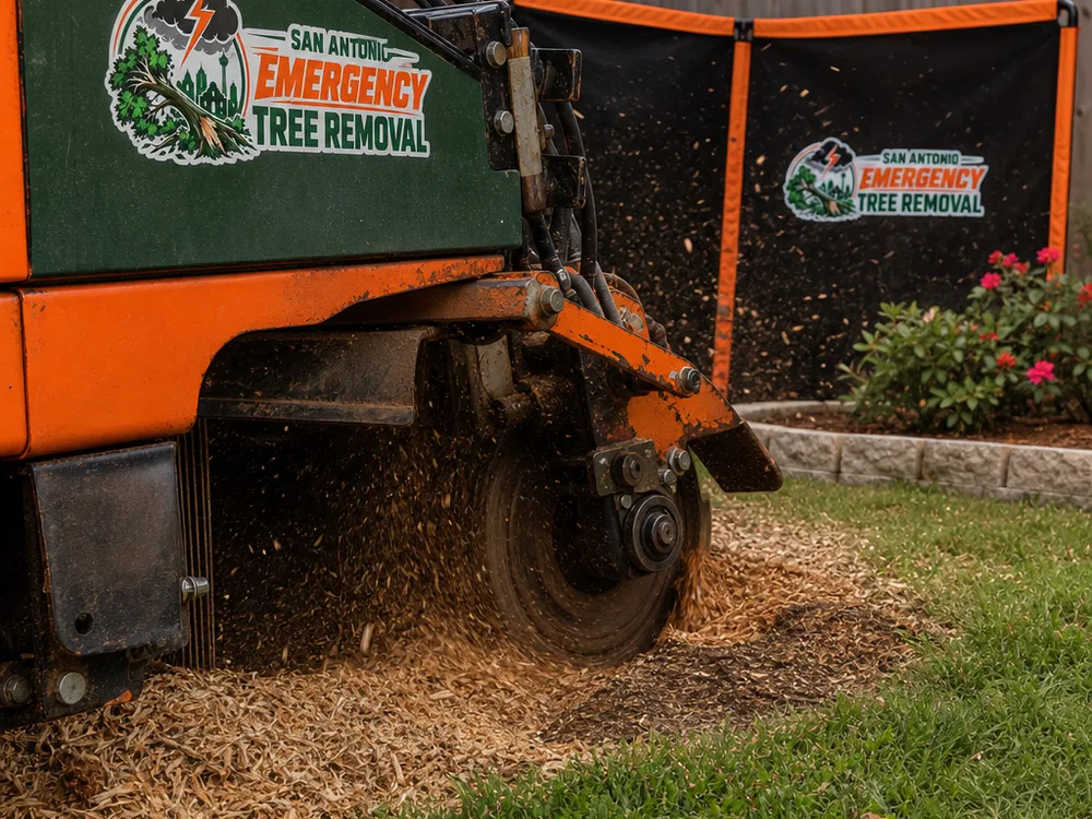 Stump grinder wheel working near a lawn edge with barriers directing wood chips away from a fence and landscaped bed