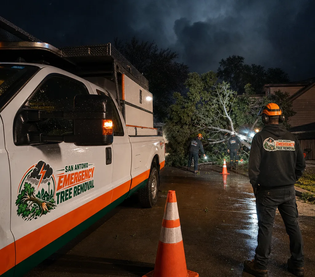 Arborist crew setting cones and preparing to remove a storm-damaged limb from a San Antonio residential driveway at night