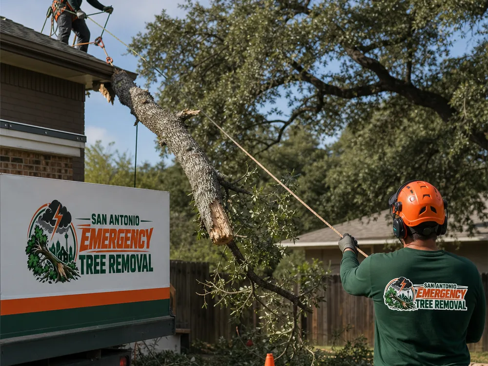 Arborist using ropes to lower a storm-broken limb away from a roof while a ground worker guides the line inside a marked drop zone