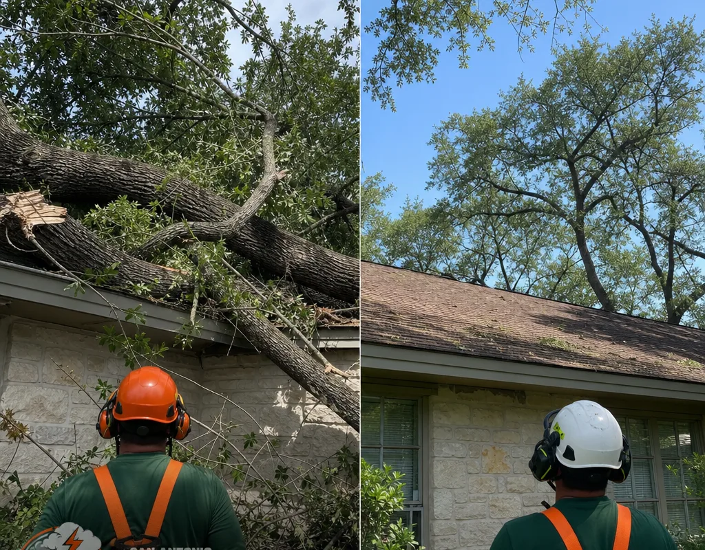 Before and after controlled tree removal from a low roof edge with the roofline cleared