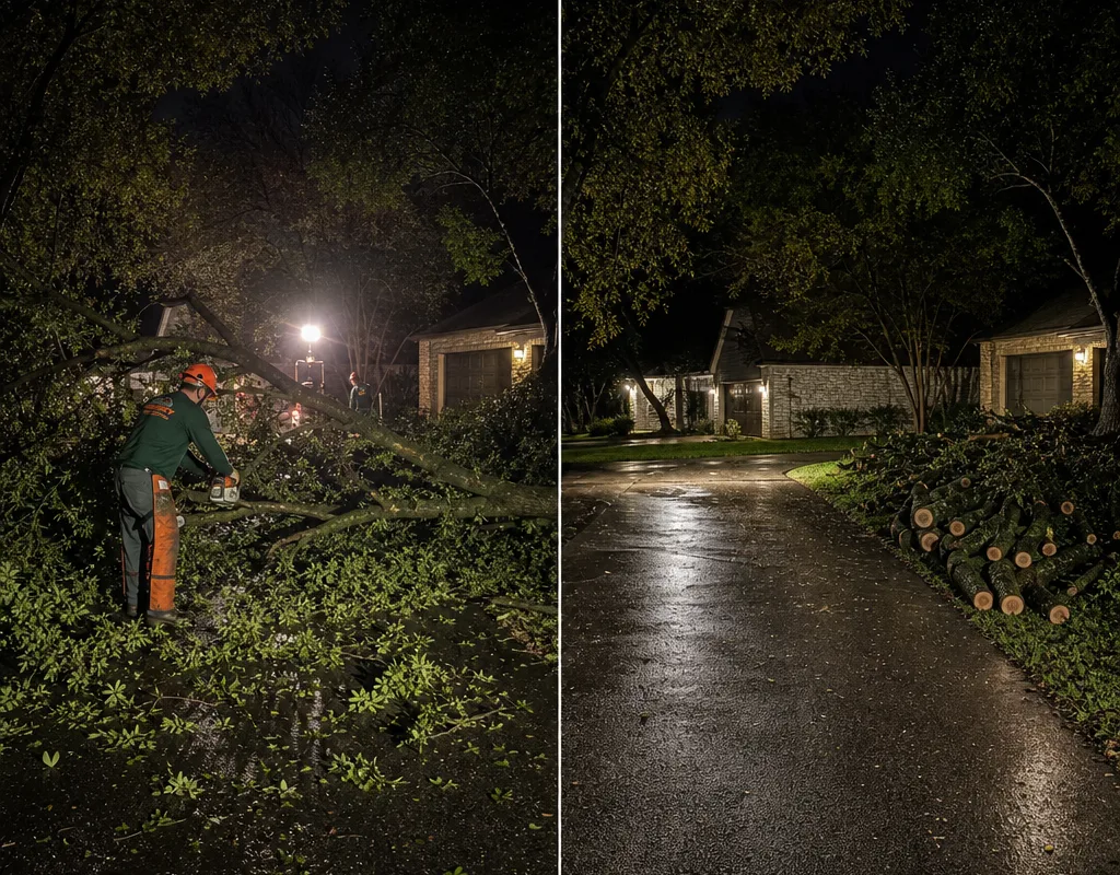 Before and after an overnight limb failure blocking a driveway, followed by the cleared driveway and staged debris