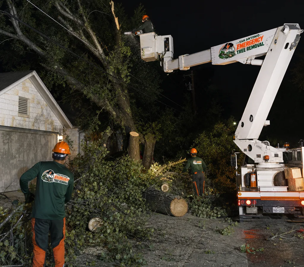 Nighttime emergency tree removal crew in PPE using a bucket truck and work lights on a San Antonio residential street