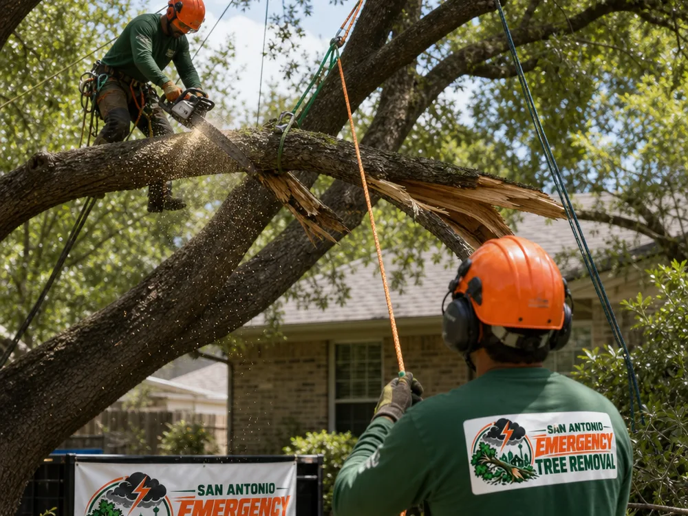 Emergency tree removal crew lowering a broken limb with rigging in a San Antonio backyard