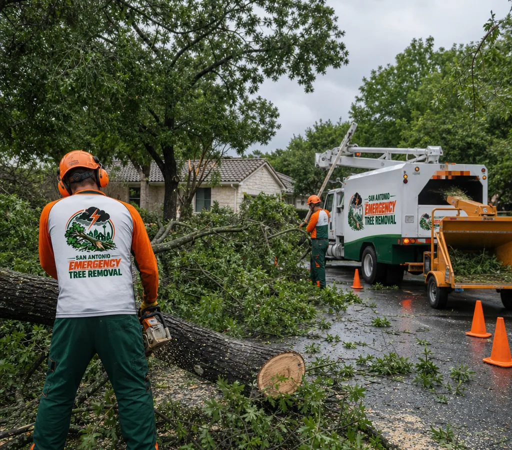 Crew in safety gear clearing a storm-downed tree from a San Antonio residential driveway with cones and a chipper staged safely
