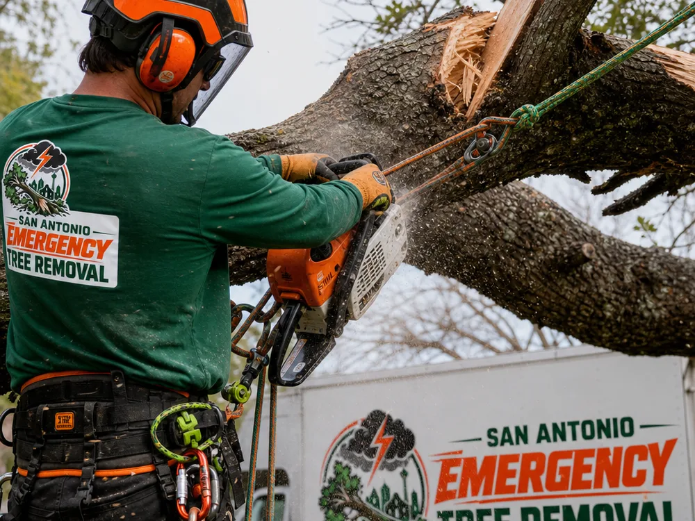 Arborist making a controlled relief cut on a storm-split limb with ropes and rigging set for safe sectioning