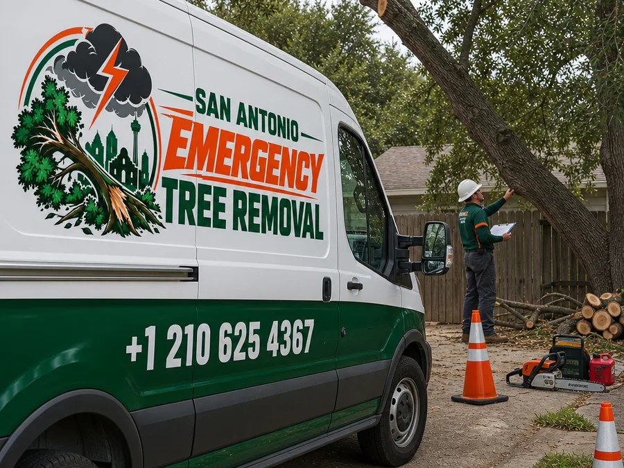 Technician inspecting a leaning tree and mapping cut sections near a fence line with cones and equipment staged away from the work zone