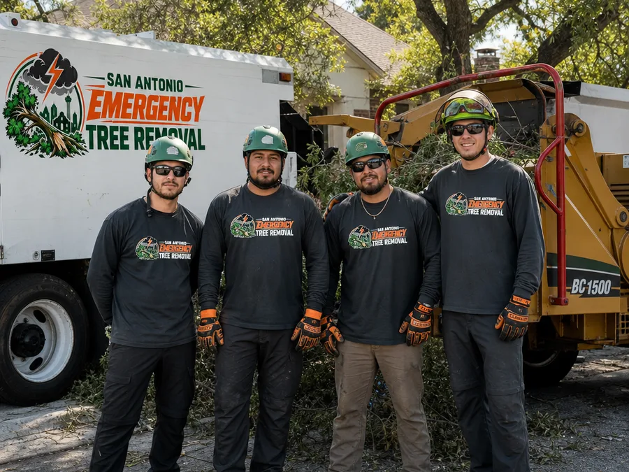 Tree removal crew beside a work truck and chipper at a residential job site after cleanup